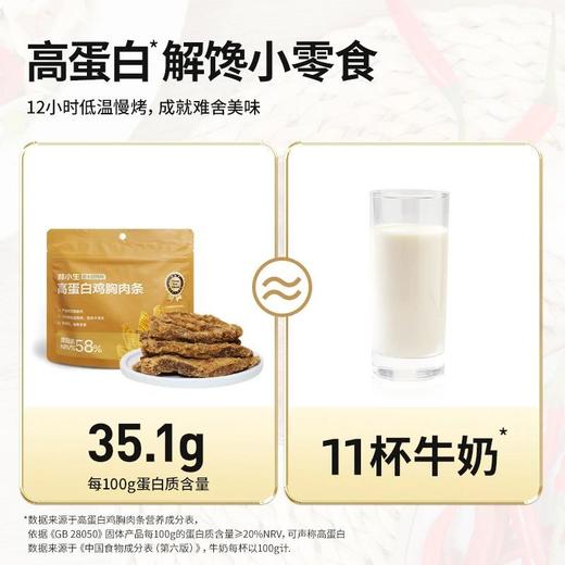 【斌哥优选】高蛋白鸡胸肉条。1斤鸡胸肉制成100g鸡肉干。不加淀粉，58%高蛋白，每条都有肌肉纹理，越嚼越香特解馋，不怕胖小零食。 商品图3