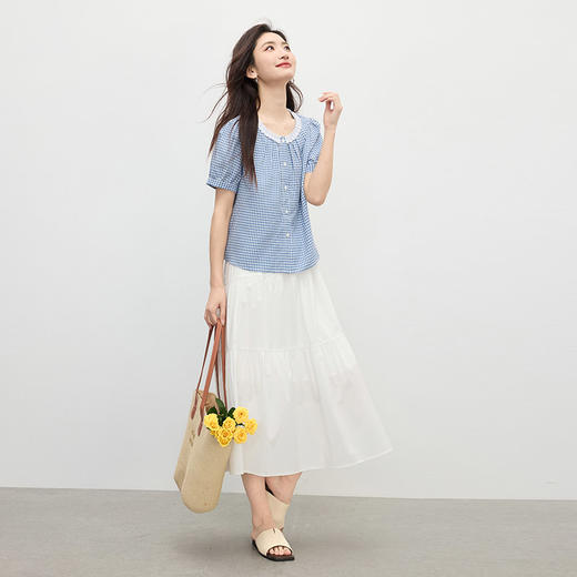 【周四狂欢价】熙世界可露丽穿蓝色格子衬衫女2025夏季新款撞色花边领泡泡袖上衣 商品图4