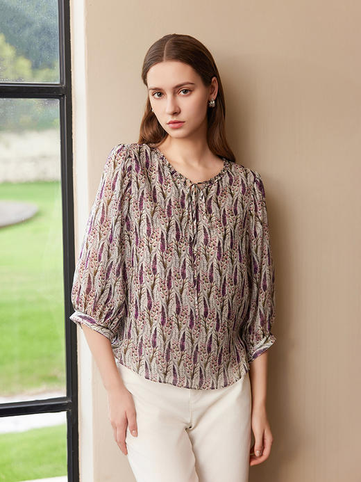 【真丝印花上衣】25年夏季女士新品100%桑蚕丝印花V领系带上衣 商品图2