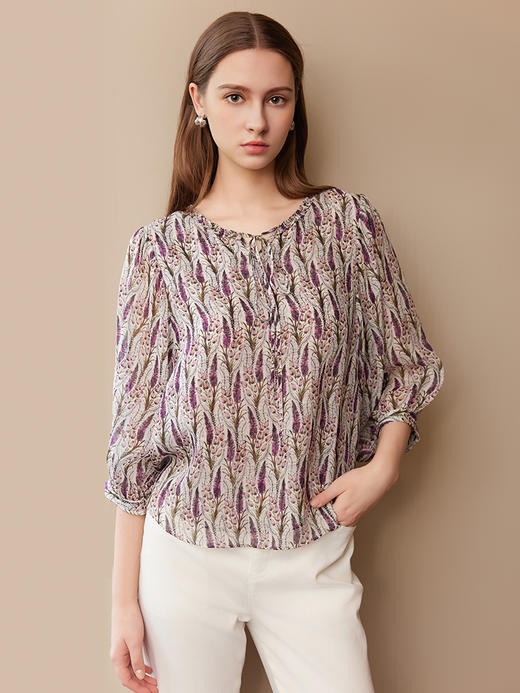 【真丝印花上衣】25年夏季女士新品100%桑蚕丝印花V领系带上衣 商品图1