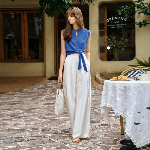 olrain欧芮儿2025夏季新款蓝色绑带设计设计感无袖衬衫上衣衬衣女 商品图3