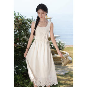 鹿向南「诺丁轻舞」浅杏色方领无袖背心连衣裙夏新款清纯收腰长裙
