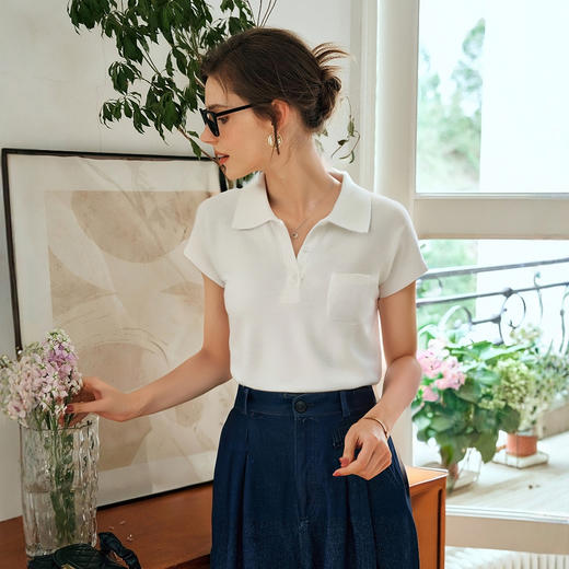 OLrain欧芮儿2025年夏季新款白色通勤风毛针织套头衫单口袋装饰女 商品图0