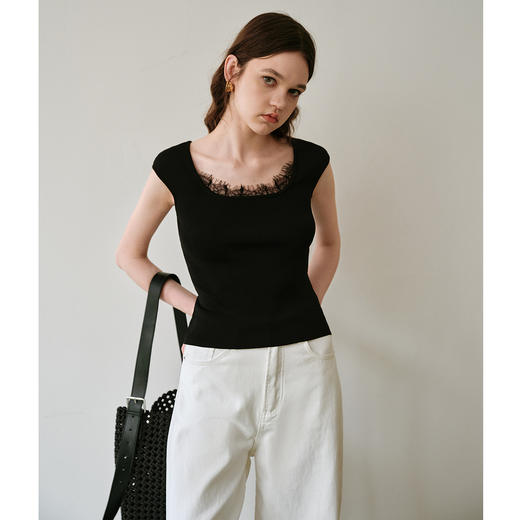 OLrain欧芮儿黑色蕾丝拼接方领毛针织衫夏季2025新款修身显瘦上衣 商品图0