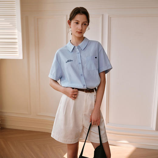 OLrain欧芮儿蓝色休闲短袖衬衫女夏季2025年新款宽松字母刺绣上衣 商品图3