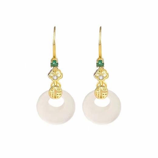 丁摩 纯银s925天然白玉髓耳环轻奢国潮福字如意平安扣时尚耳钩5ZF-551 商品图4