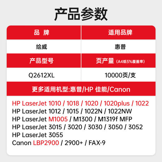 绘威适用惠普m1005硒鼓1020plus硒鼓Q2612A 12A 10000页/1支 1020 1010 1018 1022 3050佳能LBP2900打印机硒鼓墨盒 超大容量 商品图2