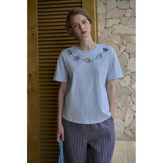 （小眠专属）SimpleRetro纯棉设计感图案镂空短袖T恤女 商品图4