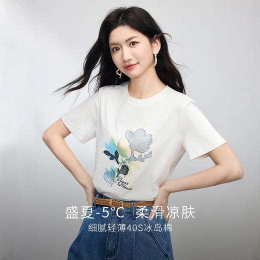 【初夏新品】熙世界休闲文艺风印花T恤女短袖圆领宽松减龄体恤上衣2025夏新款 商品图1
