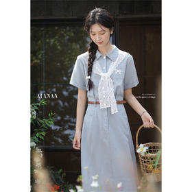 鹿向南「云笺漫书」polo领法式连衣裙夏季小众短袖高腰长款裙子女L55502