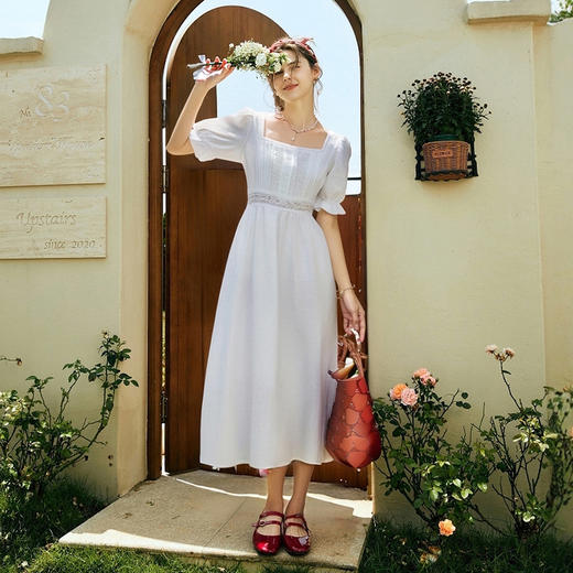 OLrain欧芮儿法式田园米白色短袖方领连衣裙女夏季2025新款小白裙 商品图3