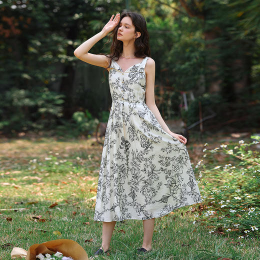 OLrain欧芮儿黑白腰果花法式优雅连衣裙女夏季2025新款印花无袖裙 商品图3