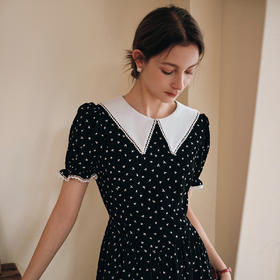 OLrain欧芮儿黑色法式撞色翻领气质连衣裙女夏2025新款碎花茶歇裙