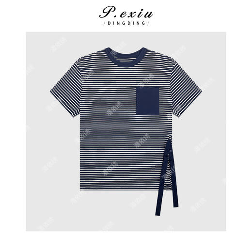 04-3潘依绣丁丁宠粉PanYiXiu/潘依绣100棉条纹圆领下摆绑带设计短袖 W-62819 商品图1