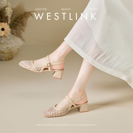 西遇包头凉鞋女新款夏季镂空网纱一字带高跟鞋后空粗跟单鞋V1056728 商品图3