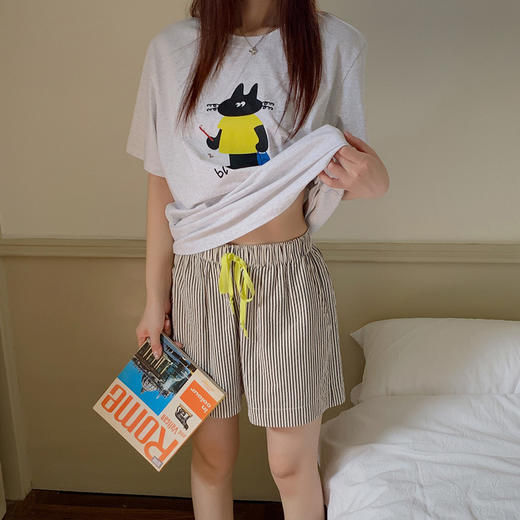 【会呼吸的冰瓷棉】夏季新款睡裙女黑猫熊熊卡通萌宠蕾丝冰棉大T裙 休闲圆领短袖短裤套装 商品图5