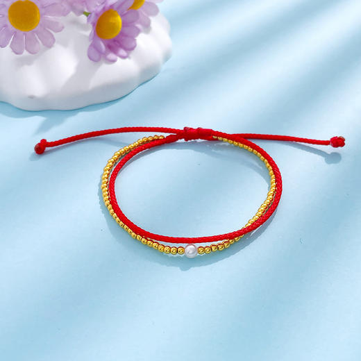 【限时7.5折】【定价黄金】足金 5D硬金圆珠编织红绳双层手链天然淡水珍珠转运金珠转运红绳成品手串(RFXJB0096-3.504)【补手工费可以换新的绳子】预售产品下单后不退款不退货不换货不补差价 商品图2