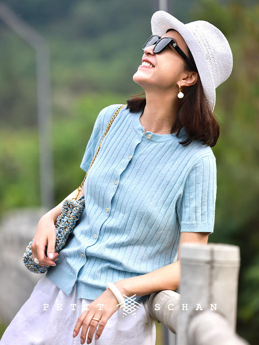 PETIT SCHAN小闪 CLO#806 wander intimate friend 挚友 桑蚕丝棉麻竖坑条短袖针织衫 商品图0