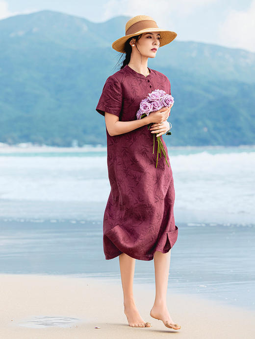 雀说原创中式国风亚麻改良旗袍裙竹叶印花显白立领复古连衣裙夏季新款ALS483 商品图5