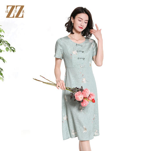 佐尔美夏季新款新中式碎花100%桑蚕丝短袖连衣裙女M42LS80 商品图1