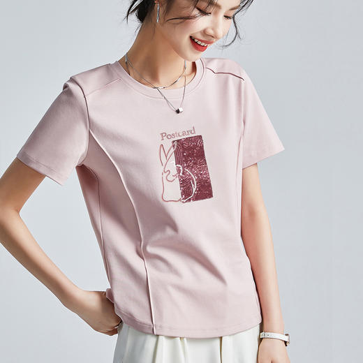 百媚生 刺绣圆领丝光棉法式短袖T恤M767 商品图6