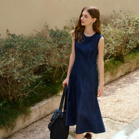 OLrain欧芮儿蓝色无袖A摆牛仔连衣裙夏季2025新款甜辣风收腰长裙