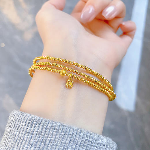 【限时克减150元】足金 #超轻  3D硬金空心小福字吊饰圆珠手串弹力绳成品三圈幸运手串（珠约2.2mm)(AK3DSC00009)预售产品下单后不退款不退货不换货不补差价 商品图0