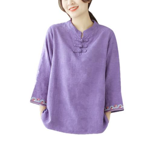 雀说新款复古提花棉麻盘扣七分袖衬衫女装衬衣上衣AL2870 商品图4