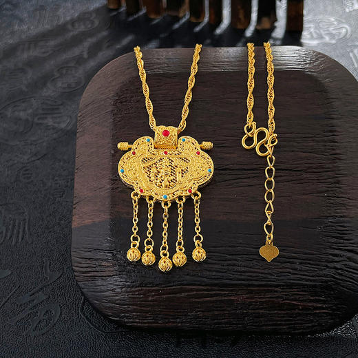 【限时克减150元】足金999 #宫廷风 #天子门生 #珐琅 古法镂空宝石珐琅长命锁项链铃铛流苏花丝如意龙凤呈祥锁包婚嫁调节套链(YQGFTL00092)（预售产品下单后不退款不退货不换货不补差价） 商品图0