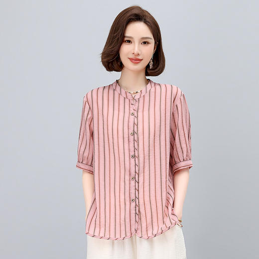雀说条纹衬衫女短袖新款半开领文艺显瘦透气小衫薄款上衣AL5508 商品图2