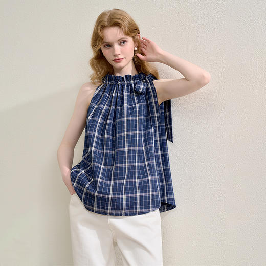 复古格纹绑带蝴蝶结挂脖衬衫女夏季俏皮可爱宽松衬衣V1050637 商品图3