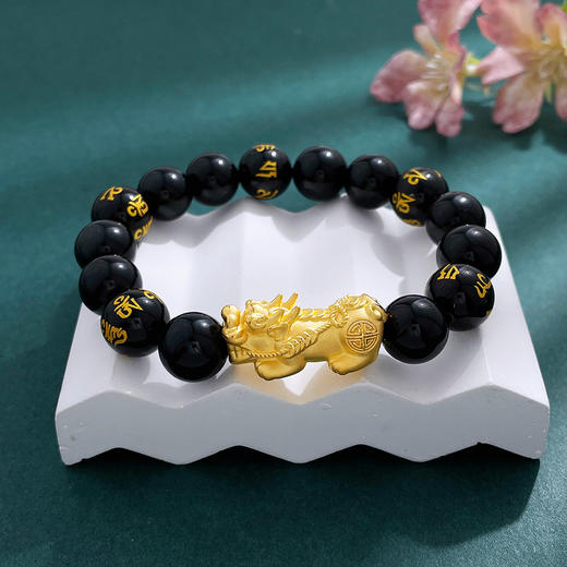 【限时克减150元】足金 #祈福 #招财进宝 3D硬金黑曜石圆珠手链铜钱图案招财貔貅六字真言圆珠间款弹力绳手串(RFXJB0174-12012.6)（预售产品下单后不退款不退货不换货不补差价） 商品图0