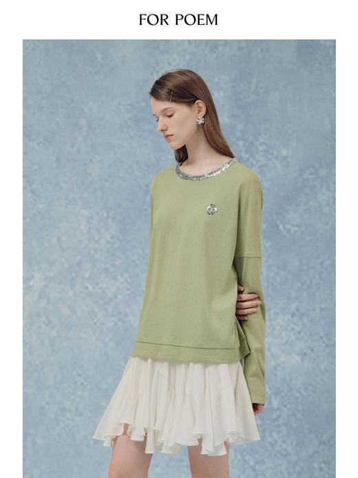 ForPoem 现货 25/SS原创设计亮片领口花朵刺绣假两件T恤长袖防晒上衣 商品图1