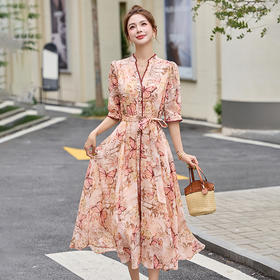 时尚气质V领系带收腰蝴蝶，印花天丝麻料中长款连衣裙HR-SNX3137