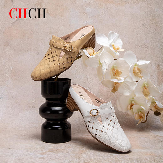 CHCH祈祈包头镂空半包拖鞋女2025夏季新品休闲凉拖女外穿柔软羊皮粗跟勃肯鞋CP1B3041 商品图4