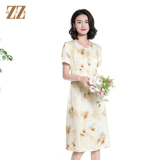 佐尔美夏季新款时尚气质碎花桑蚕丝短袖连衣裙女M42LS82 商品图0