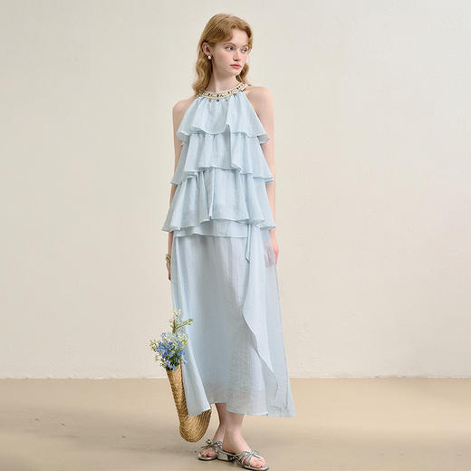 法式度假风荷叶边套装女夏季钉珠挂脖衬衫搭半裙两件套H0050860 商品图1