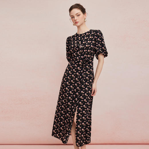 QF863斯尔丽2025夏季新款法式浪漫立体手工盘花腰间收褶显瘦碎花连衣裙 商品图2