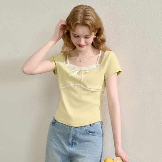 【纯欲少女感】拼接蕾丝假两件短款T恤女夏季蝴蝶结上衣V0050351 商品图2
