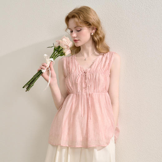 【天丝】温柔缩褶波纹肌理感衬衫女夏季娃娃款V领衬衣V0051045 商品图3