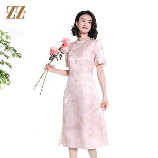 佐尔美夏季新款新中式国风碎花桑蚕丝短袖连衣裙女M42LS83 商品图1