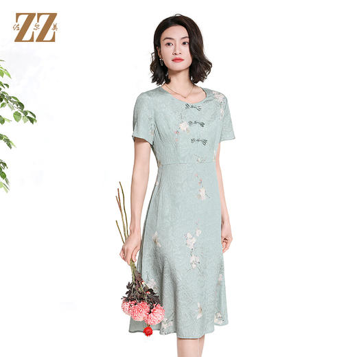 佐尔美夏季新款新中式碎花100%桑蚕丝短袖连衣裙女M42LS80 商品图2