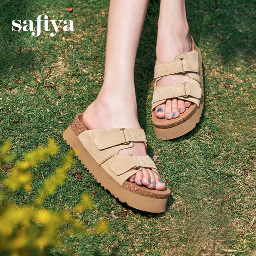 Safiya/索菲娅2025夏季休闲外穿增高厚底魔术贴一字带勃肯凉拖 SFD2110157/SFD2110M57 商品图2