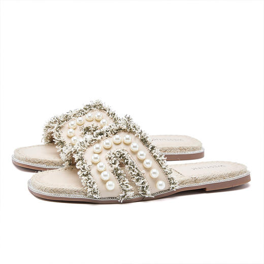 西遇法式凉拖鞋女外穿夏季新款珍珠小香风草编平底凉鞋一字拖D1056734 商品图5