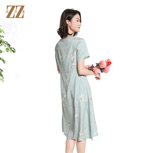 佐尔美夏季新款新中式碎花100%桑蚕丝短袖连衣裙女M42LS80 商品图3