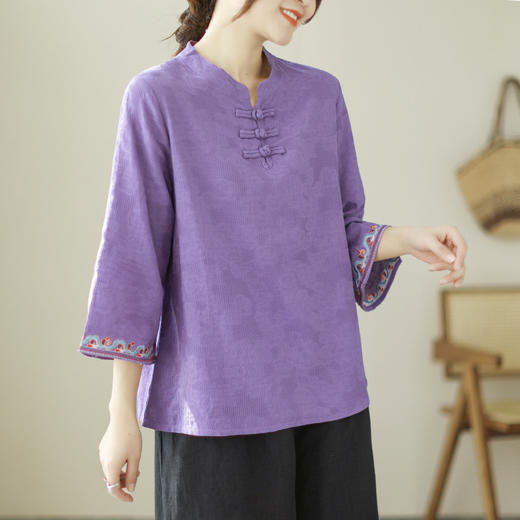 雀说新款复古提花棉麻盘扣七分袖衬衫女装衬衣上衣AL2870 商品图3