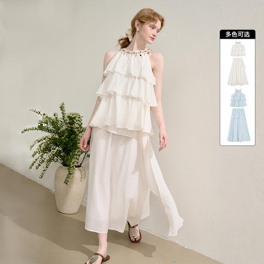 法式度假风荷叶边套装女夏季钉珠挂脖衬衫搭半裙两件套H0050860 商品图0