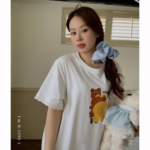 【会呼吸的冰瓷棉】夏季新款睡裙女黑猫熊熊卡通萌宠蕾丝冰棉大T裙 休闲圆领短袖短裤套装 商品图1