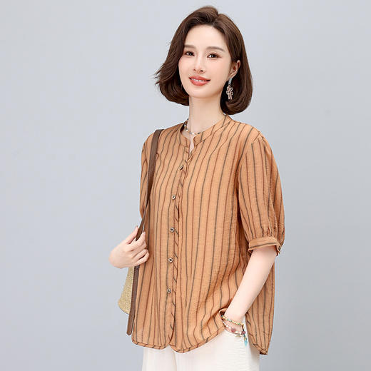 雀说条纹衬衫女短袖新款半开领文艺显瘦透气小衫薄款上衣AL5508 商品图5