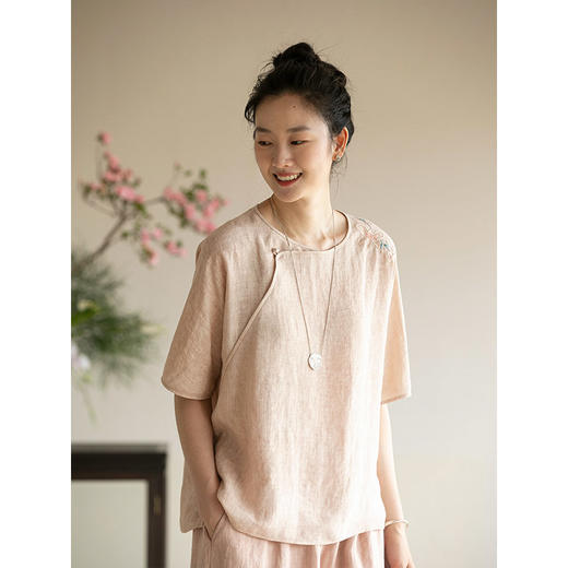 牧衣游原创 手工刺绣汉麻套头衫轻薄清凉禅意复古短袖上衣 撷芳归 商品图1